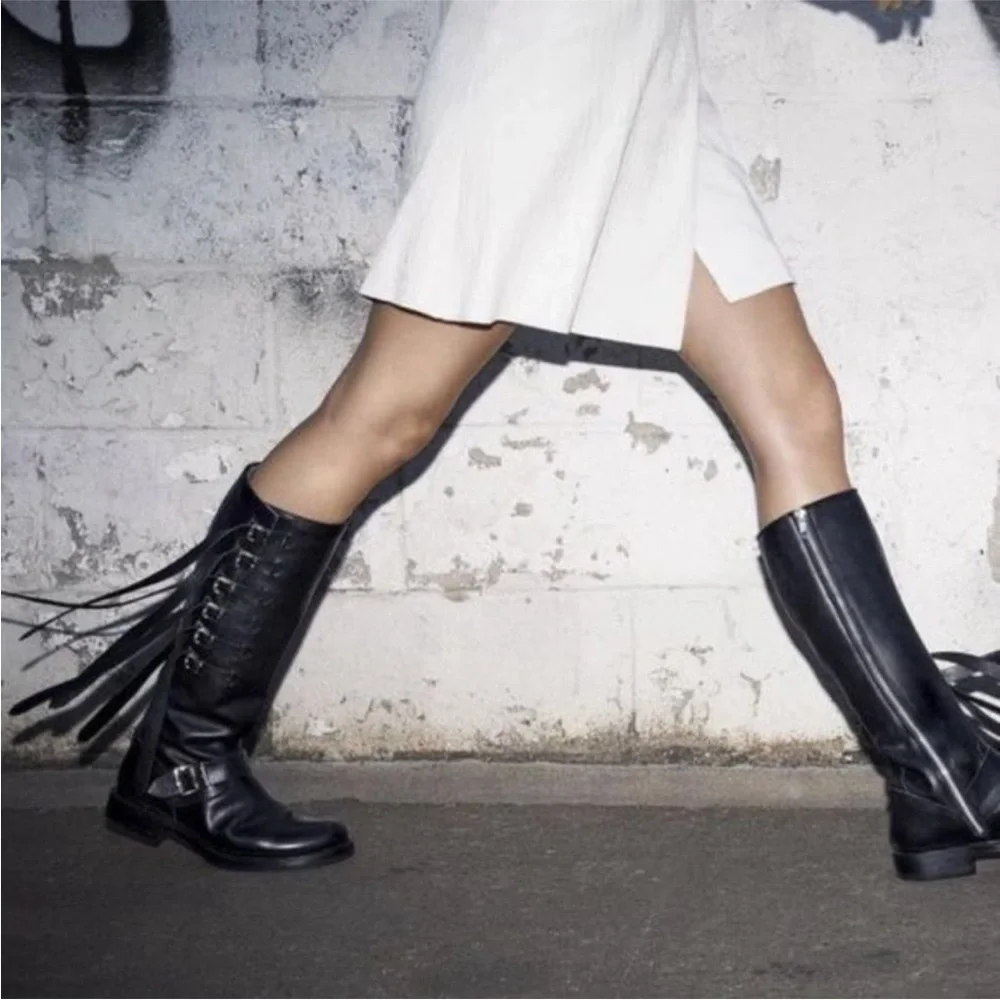 $599 Frye Veronica Strap Tall Brown Leather Fringe Moto Belted Knee High Boots